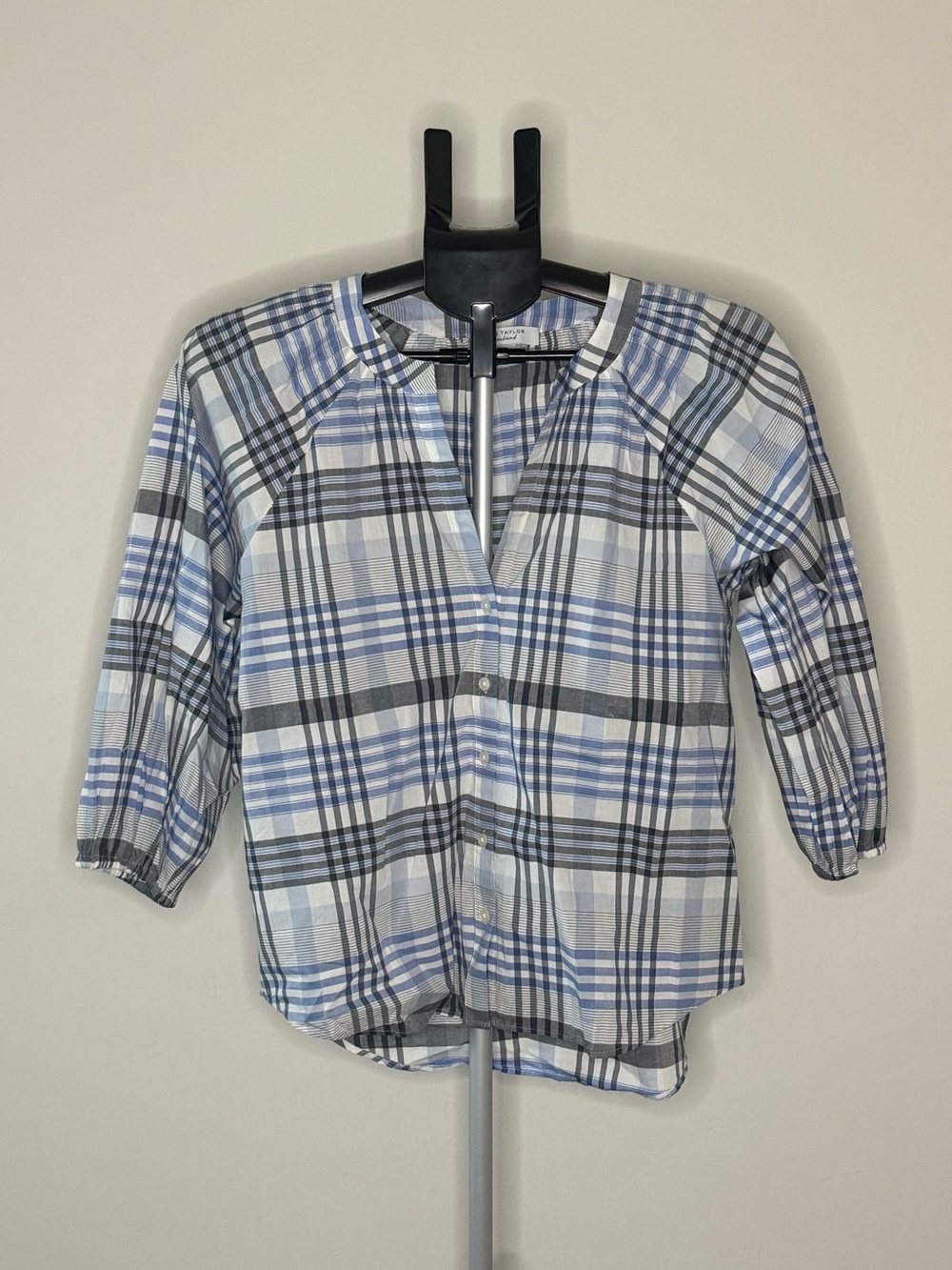 Ann Taylor Weekend Plaid Cotton Blouse Size XXS Blue White